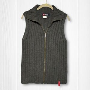 VTG Diesel Ribbed Knit‎ Full Zip Sweater Vest Charcoal Grey Made in Italy Small